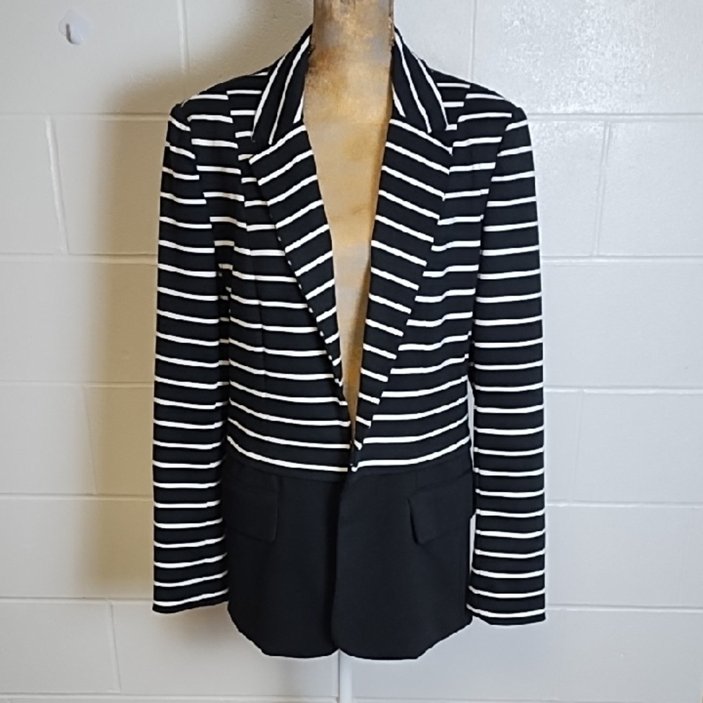 Grace Elements Black and White Striped Knit Open Blazer Lined Pockets